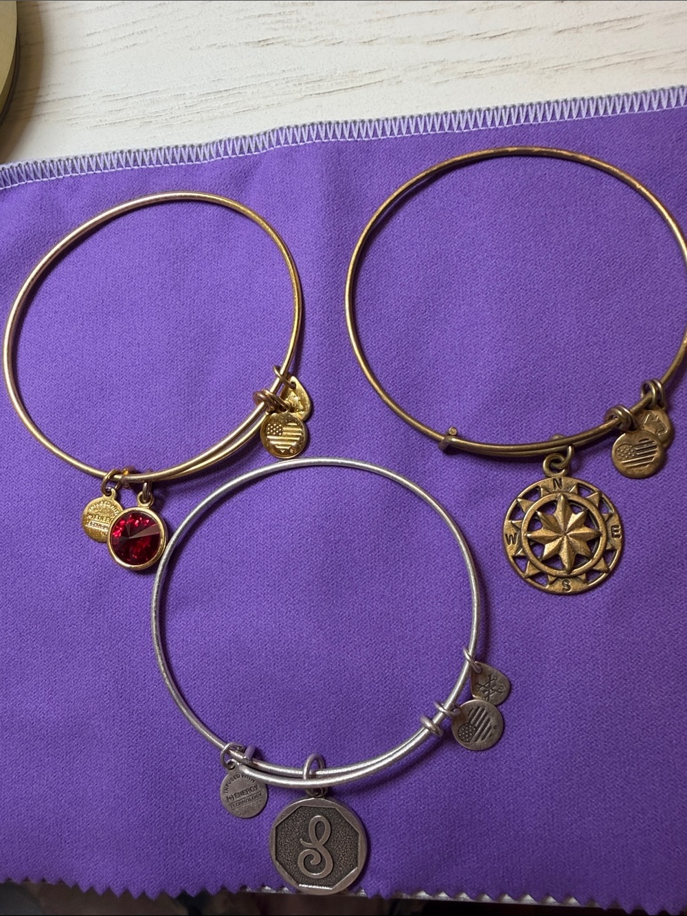 Gold and Silver Charm Bangle Bracelet Set - Compass, Gem, and Initial Charms